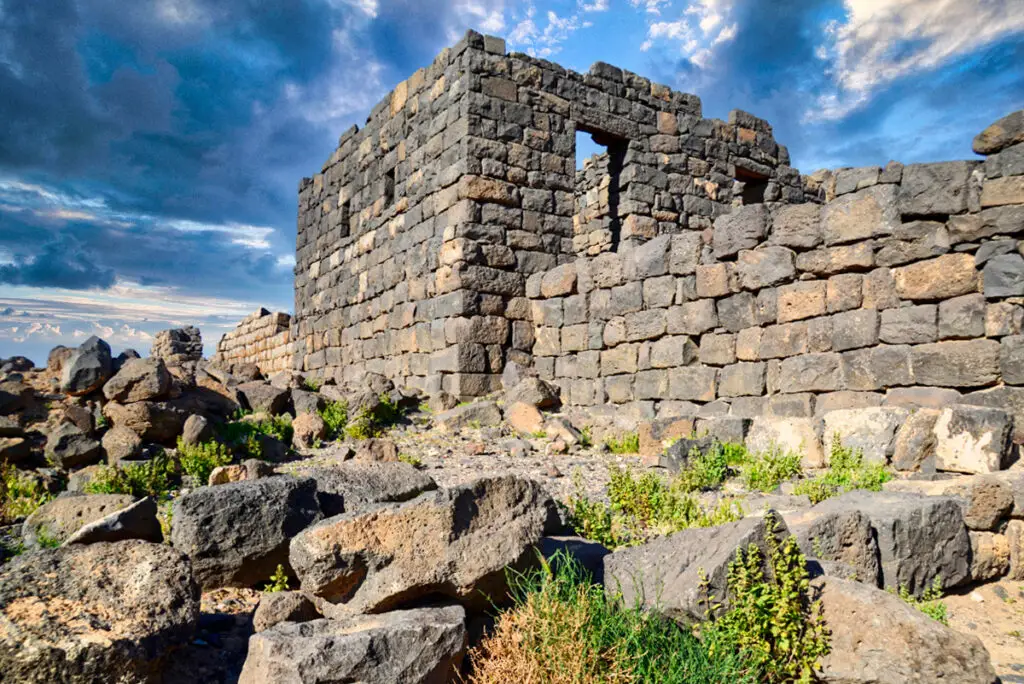 Basalt corner tower of the Roman fort at Deir al-Kahf