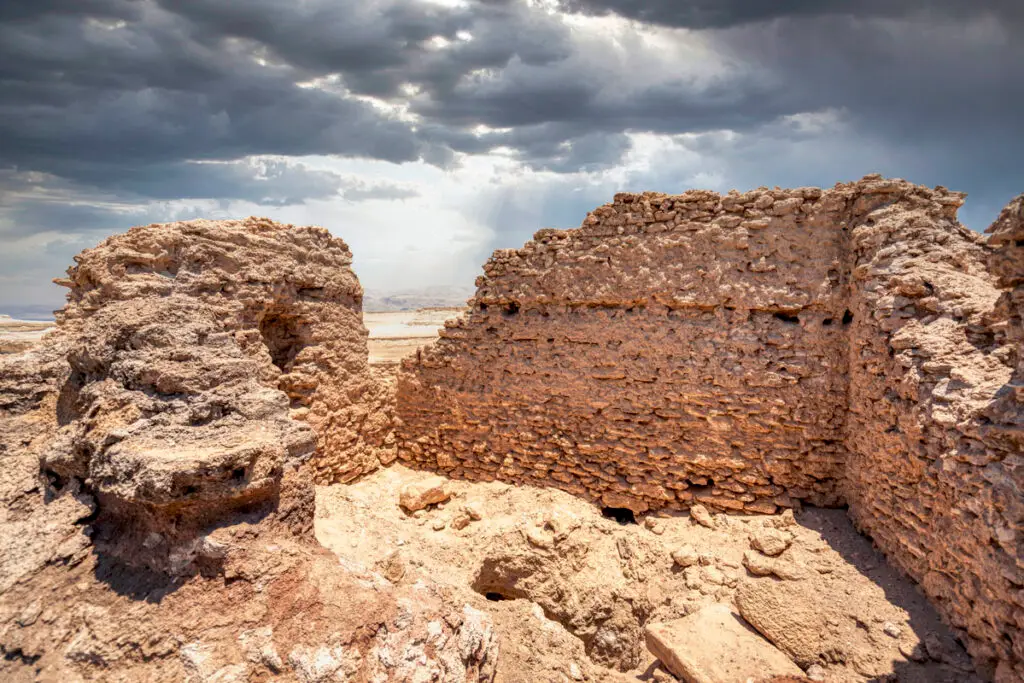 Standing walls of the monastery at Deir El-Kattar under a stormy sky, Lisan Peninsula, Jordan
