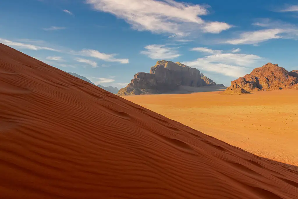 Red dunes below the mountains, Wadi Rum, Jordan