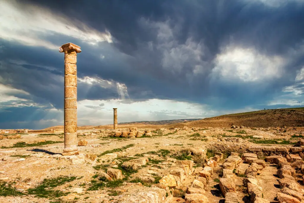Re-erected column standing on the summit of the Machaerus fortress above the Dead Sea, Jordan