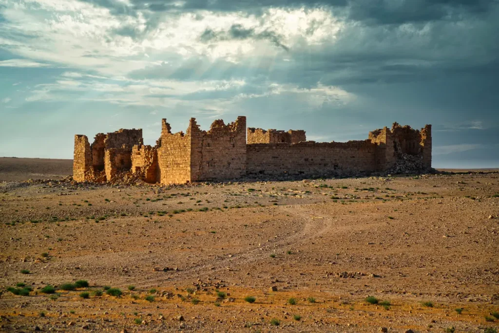 The fort and its towers on the open steppe, Qasr Bshir, Jordan