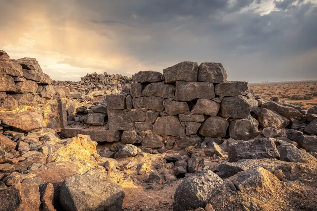 Basalt walls of the Roman fort of Qasr Uweinid