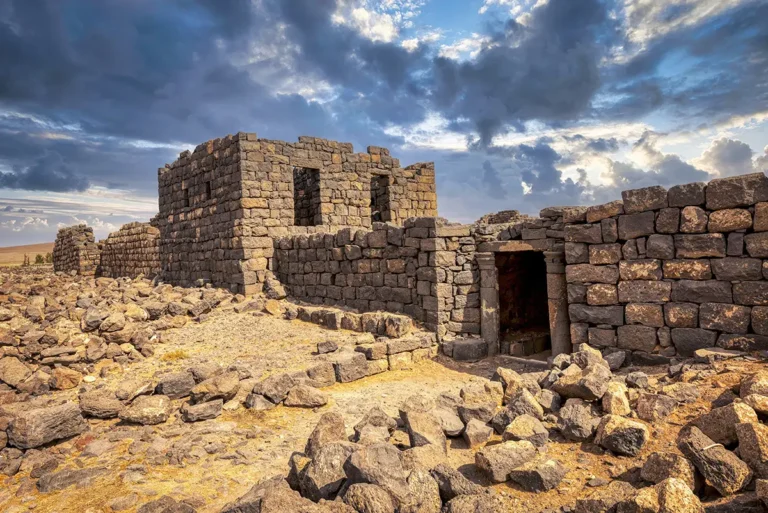 The basalt tower and main entrance of the fort, Qasr Deir Al-Kahf, Jordan