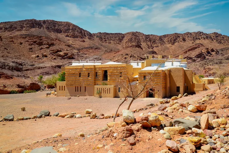 Feynan Ecolodge standing in the desert valley at the end of the Wadi Dana Trail, Jordan