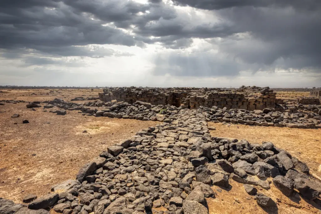 A line of tumbled basalt leading to the farmhouse, Qasr Ain Es-Sil, Jordan
