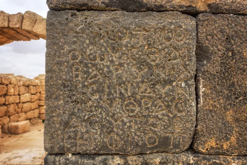 A basalt block inscribed with part of the Greek edict of Anastasius, Qasr Al-Hallabat, Jordan