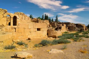 Mosque walls with arched windows, Qasr Al-Qastal, Jordan