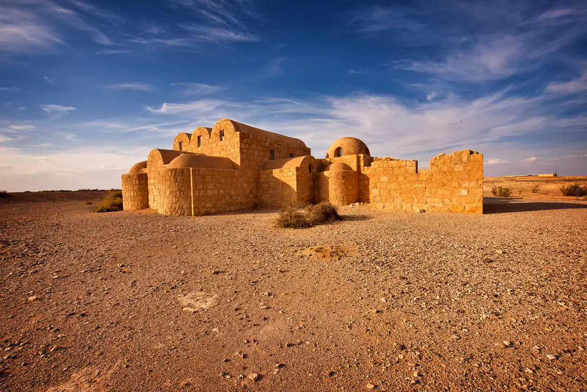 Qasr Amra seen across the open desert, Jordan