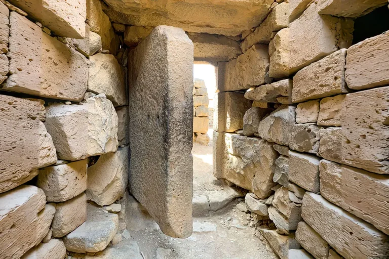 A massive single-slab basalt door standing in its doorway, Qasr Azraq, Jordan