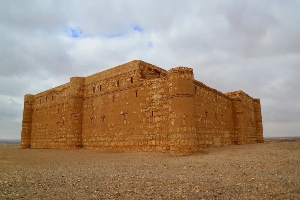 The north side of the castle, its back wall with rounded towers, Qasr Kharana, Jordan