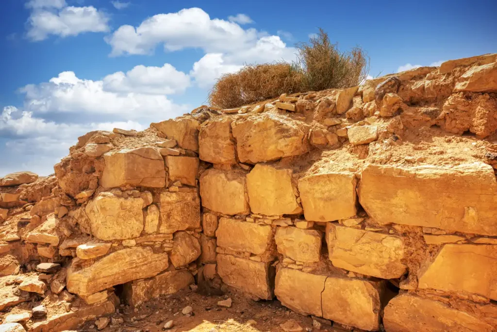 A corner of the qasr walls in roughly dressed limestone, Qasr Mshash, Jordan