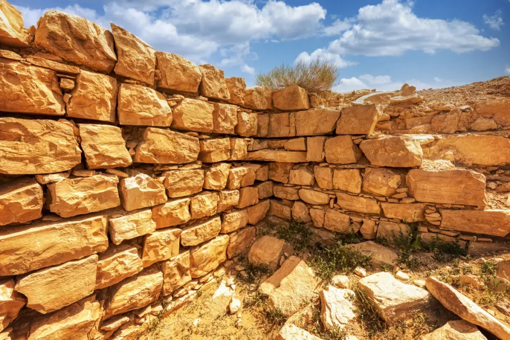 Limestone walls of the qasr at Qasr Mshash