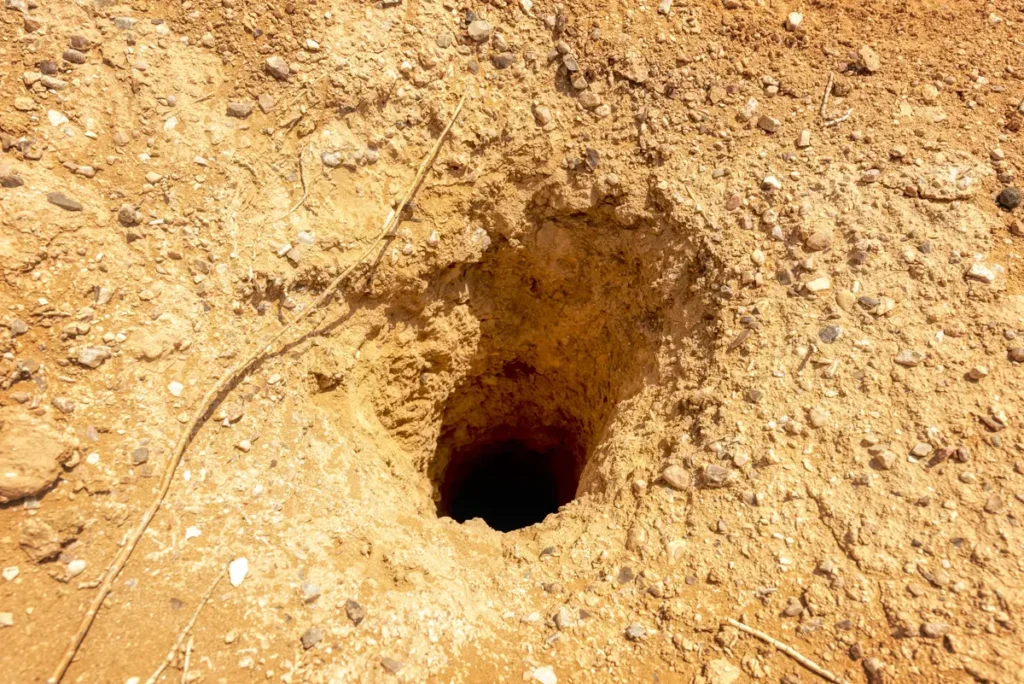 A narrow cistern opening in the ground, Qasr Mshash, Jordan