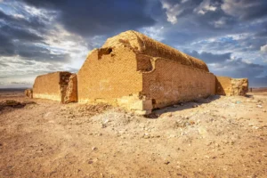 A brick-vaulted block of the palace on its stone footing, Qasr Tuba, Jordan