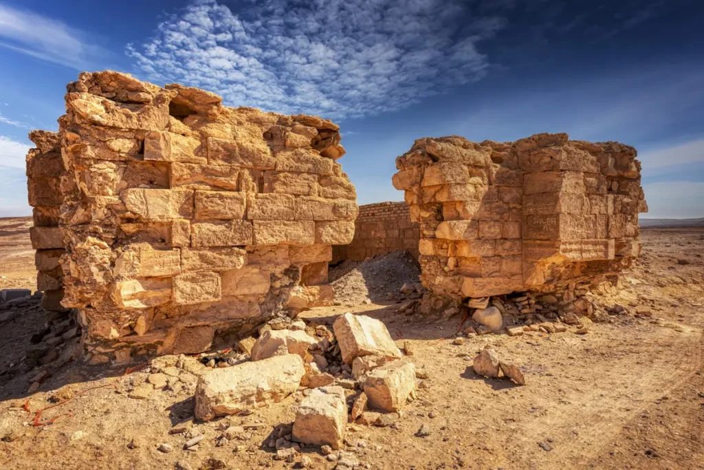 Freestanding brick wall fragments where building stopped, Qasr Tuba, Jordan