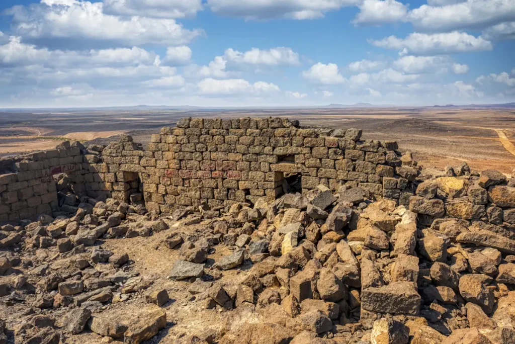 Basalt walls of the hilltop fort of Qasr Usaykhim